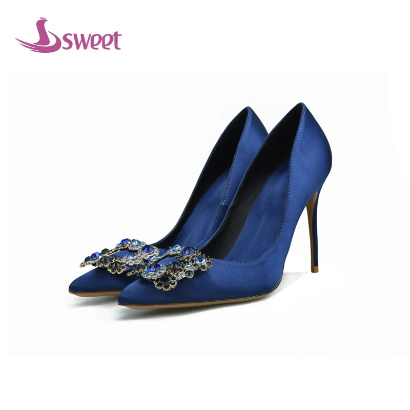 

sweet Brand womens shoes woman pumps Spring/Autumn Basic Silk Slip-On Pointed Toe Thin Heels Fashion Crystal Wedding A53