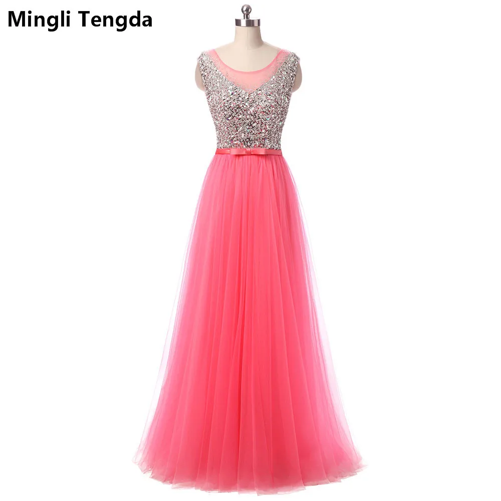 

Mingli Tengda 2017 New Rose Red Long Evening Dresses Gorgeous Crystal Evening Dress Bow Sash Sleeveless Dresses Robe Soiree 2017