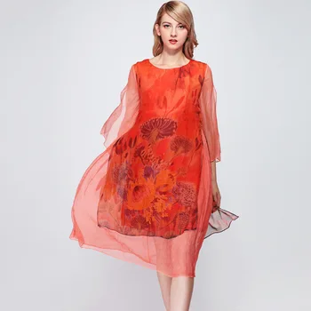 

Silk Dress Women 2019 Spring And Summer Vintage Printed Patchwork Split 3/4 sleeves Round neck Fashion Loose Dress