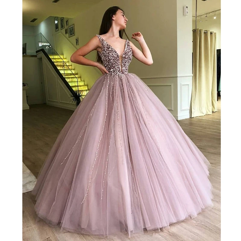 

Lakeydra Beading Prom Dress Ball Gown Deep V-Neck Sleeveless with Tulle Sequins Backless Long Formal Wear Vestido Party Gowns
