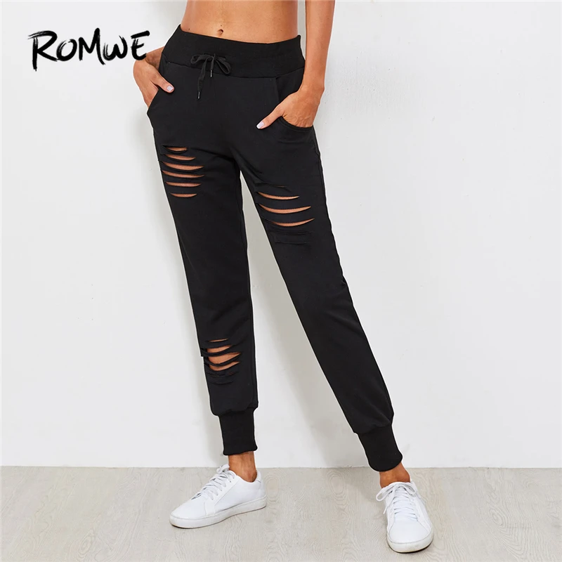 

Romwe Sport Black Active Mid Waist Womens Fitness Sports Pants 2018 New Drawstring Waist Trousers Ladies Leggings Running Tights