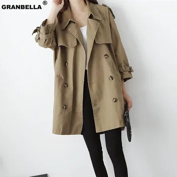 

Classical double breasted dark khaki color trench coat for women 2019 Korea and Japan style Turn-down Collar Mid Overcoat