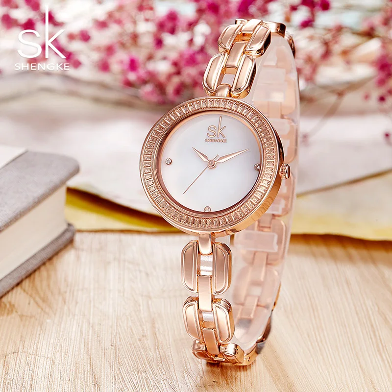 Женские часы Shengke кварцевые с круглыми циферблатами розовое золото 2019|clock brand|clock