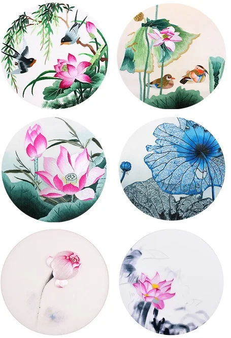 

DIY Unfinished 100% Mulberry Silk Suzhou Embroidery Patterns Sets Handmade Needlework Kits round pattern lotus series 30*30cm