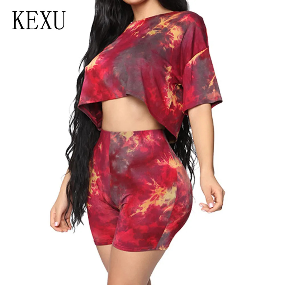 KEXU 2 Pieces Sets Women Casual Vintage O Neck Crop Top and Short Pants Sexy Summer Leisure Tracksuit Women Conjunto Feminino KEXU 2 Pieces Sets Women Casual Vintage O Neck Crop Top and Short Pants Sexy Summer Leisure Tracksuit Women Conjunto Feminino
