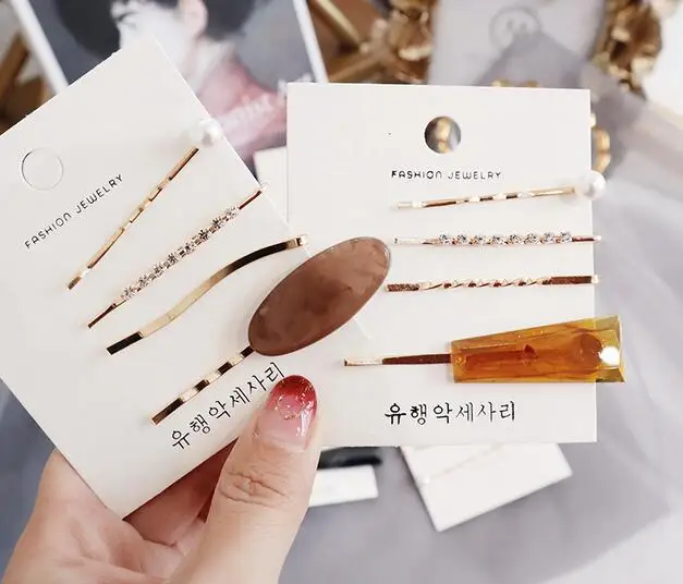 

4PCS 2019 Korea Fashion Hair Accessories Crystal Imitiation Pearl Hairpins Hair Clips for Women Geometric Resin Hairgrip