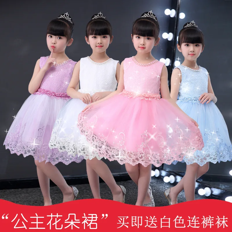 

Girls spring and summer sweet Han Fan flower girl chorus cute princess dress sleeveless round neck knee lace dress