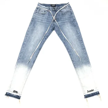 

Skinny Distressed Jeans Lettering Embroidery Denim Pants Men Drawstring Biker Jeans Streetwear