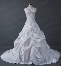 Free Shipping Puffy Ball Gown Halter Ruched Bodice Lace Up Back Court Train Wedding Dress Real Picture With Top Appliques MD098