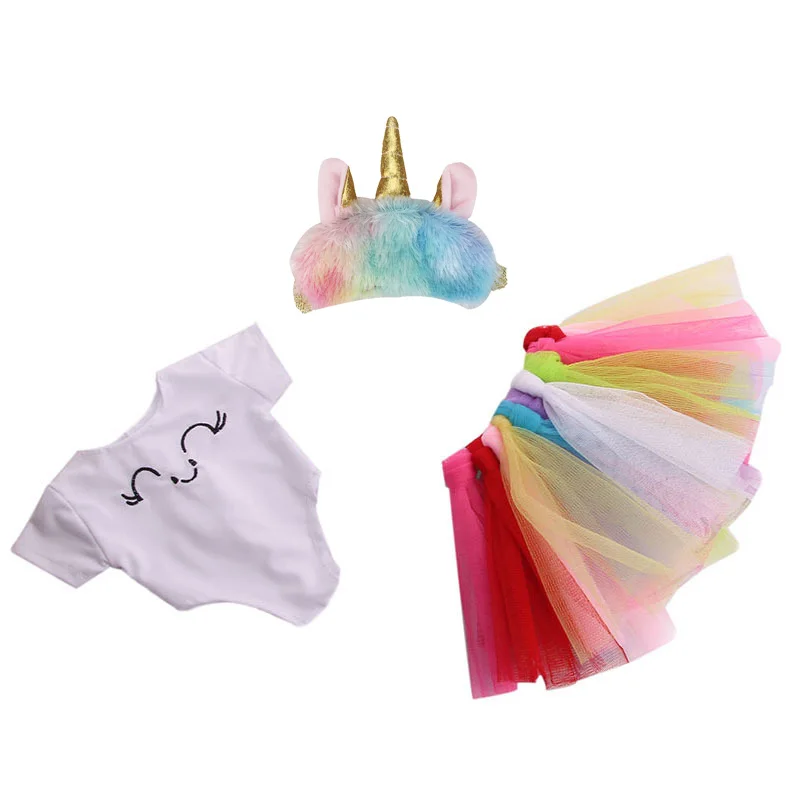 

18 Inch Girls Doll Clothes Unicorn Costume Handmade Lace Skirt with eye patch headbands American Newborn Dress Set for 45cm Doll