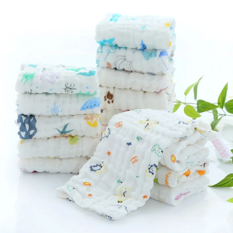 

Cotton children's small square scarf 6 layer fold handkerchief Children's small towel six layer gauze saliva towel print towel