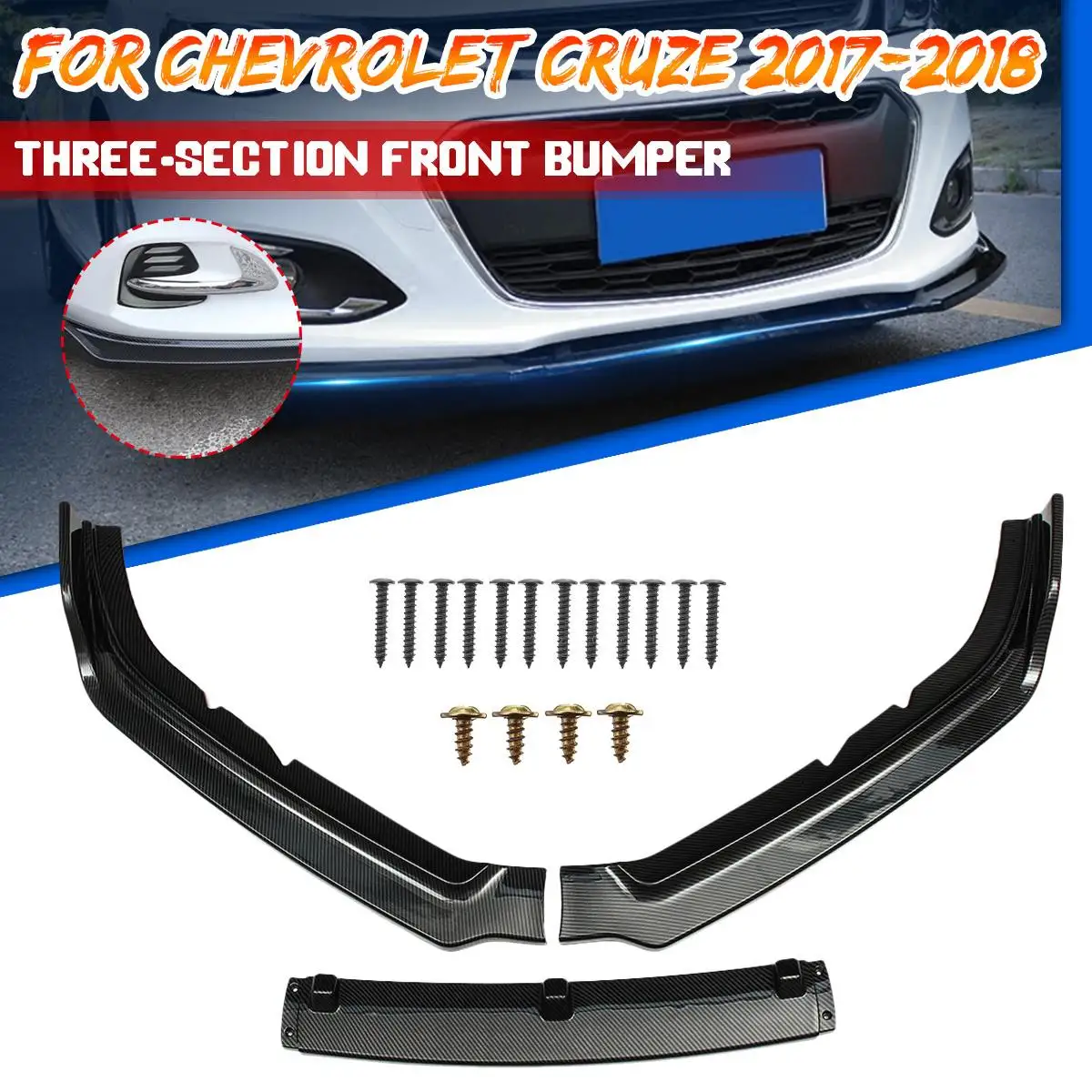 

3Pcs Front Bumper Under Diffuser Protector Shovel Lip Spoiler Carbon Fiber Matte Glossy Black For Chevrolet For Cruze 2017 2018