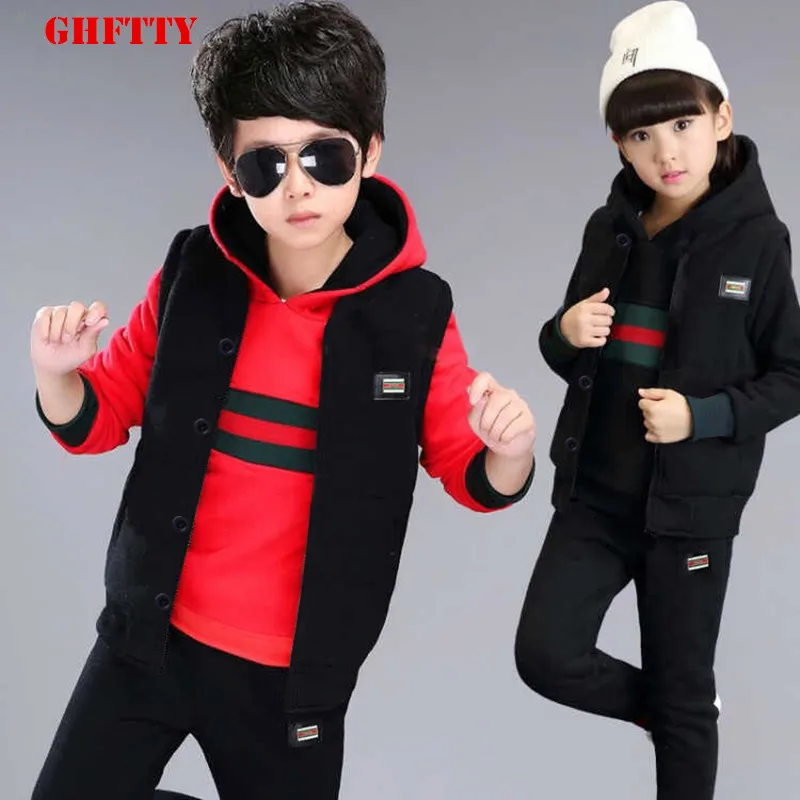 

Kids Clothing Children Sport Suit 3-pcs Winter Sweater Plus Cashmere Thickened Baby Boys Girls Clothing Sets Children Set
