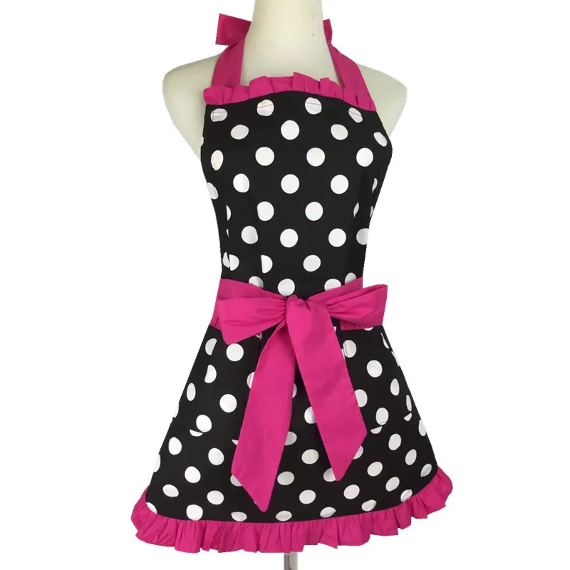 XiuMood New Fashion Sweetheart Adult Bibs Dots Cotton Fabric Kitchen Cooking Aprons Dress For Woman Waiter With Pocket