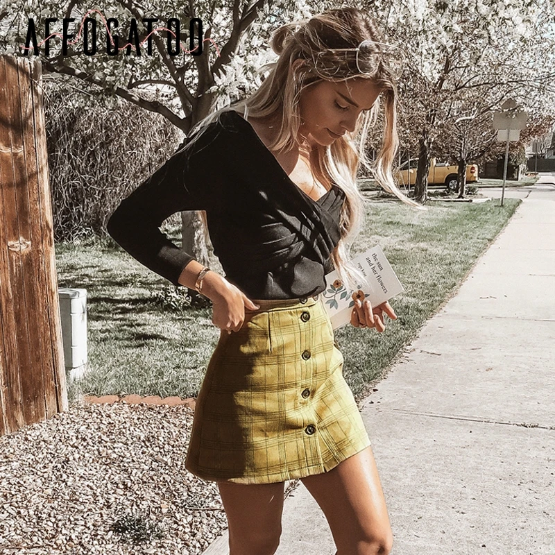 Affogatoo Button yellow bodycon pencil skirts womens Casual plaid mini skirt female A line high waist winter skirt short 2018 Skirts
