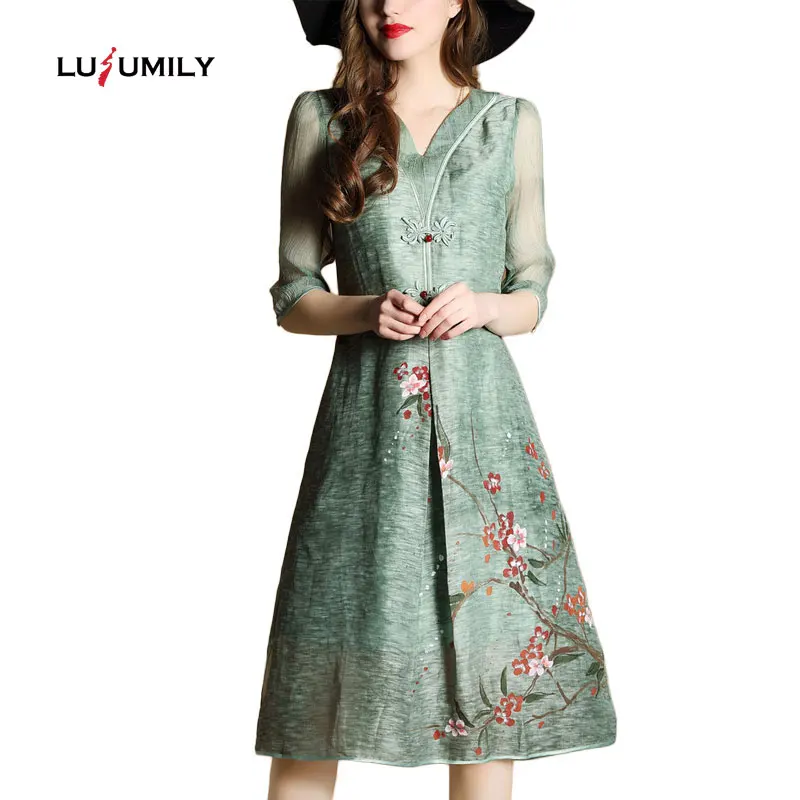 Lusumily New Ethnic Chinese Style Button Floral Print Dresses Women High Quality Plus Size 3XL Silk Linen Dress Vestidos Feminin | Женская