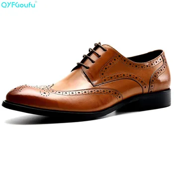 

QYFCIOUFU New Genuine Cow Leather Carving Brogue Shoes Men For Wedding Fashion Dress Shoes Oxfords Four Colors Vintage Shoes