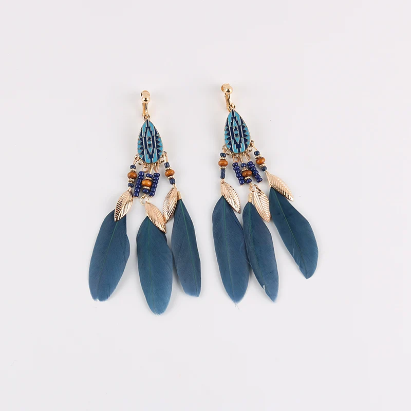 Fashion Bohemian Long Tassel Enamel Feather Clip on Earrings For Women ear clip earrings,clip earrings,ear clip,ear accessories