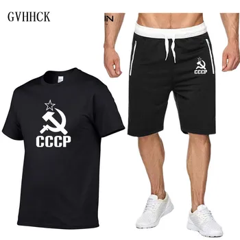 

Summer Brand USSR CCCP T Shirts Shorts Suit Cotton Tshirt Moscow Russia Printed Sportsuit Set T-Shirt Suits male casual Top
