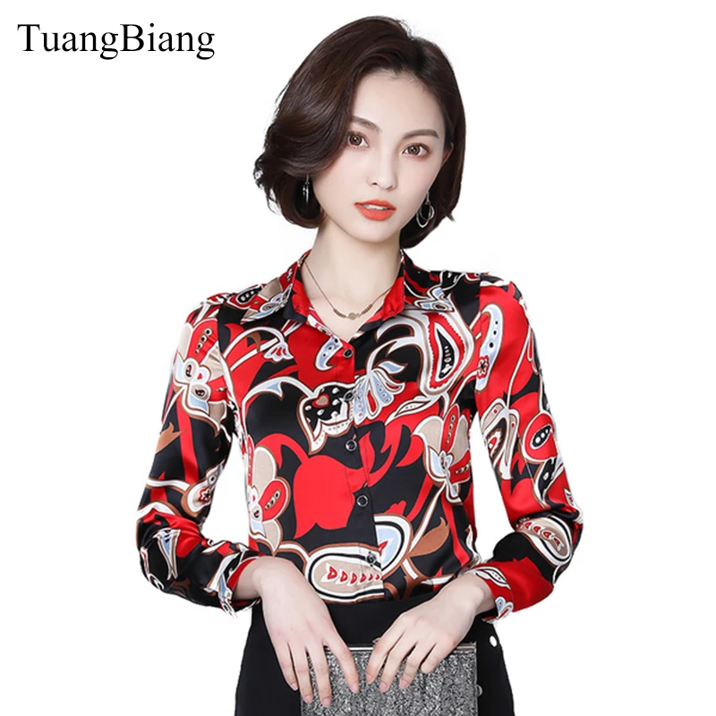 

TuangBiang Autumn 2018 Women Print Silk Satin Shirts Elegant Red Blouse Turn-down Collar Long Sleeve Korean Tops camisa feminina