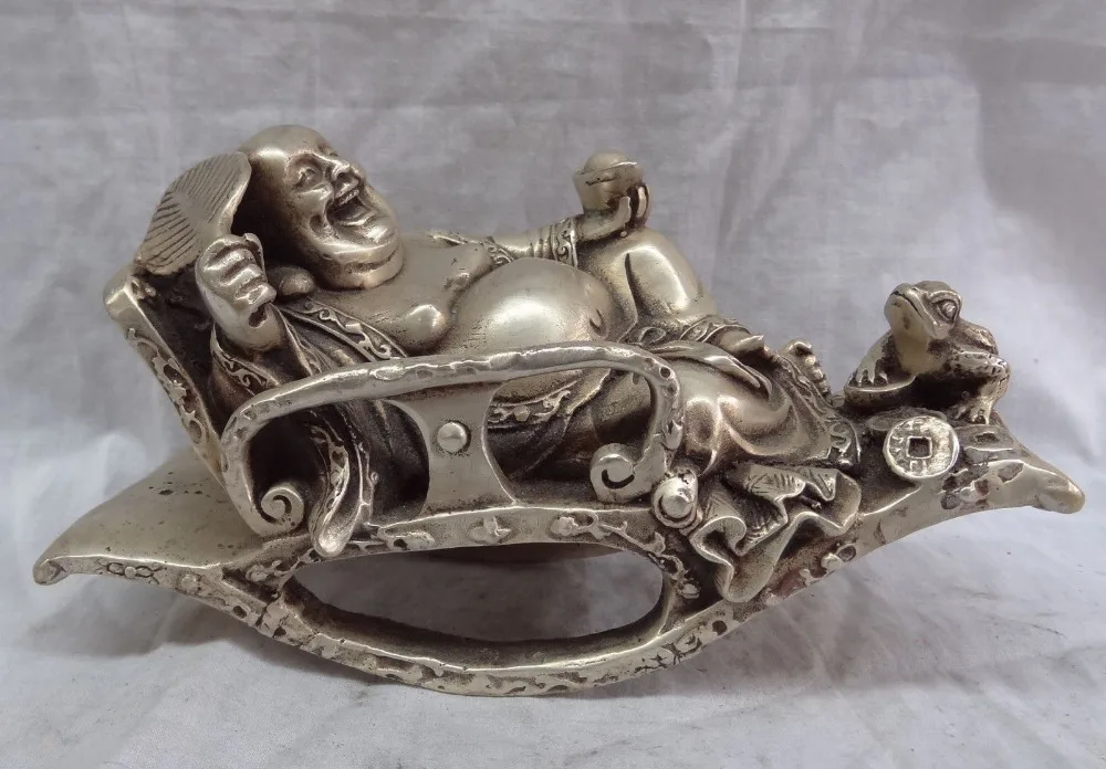 

002661 8" Chinese Silver YuanBao Coin Sleep Happy Laugh Maitreya Buddha Toad Statue