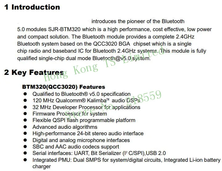 BTM320 QCC3020/BTM334 QCC3034/BTM524 QCC5124/BTM525 QCC5125 Bluetooth 5,0 аудио модуль