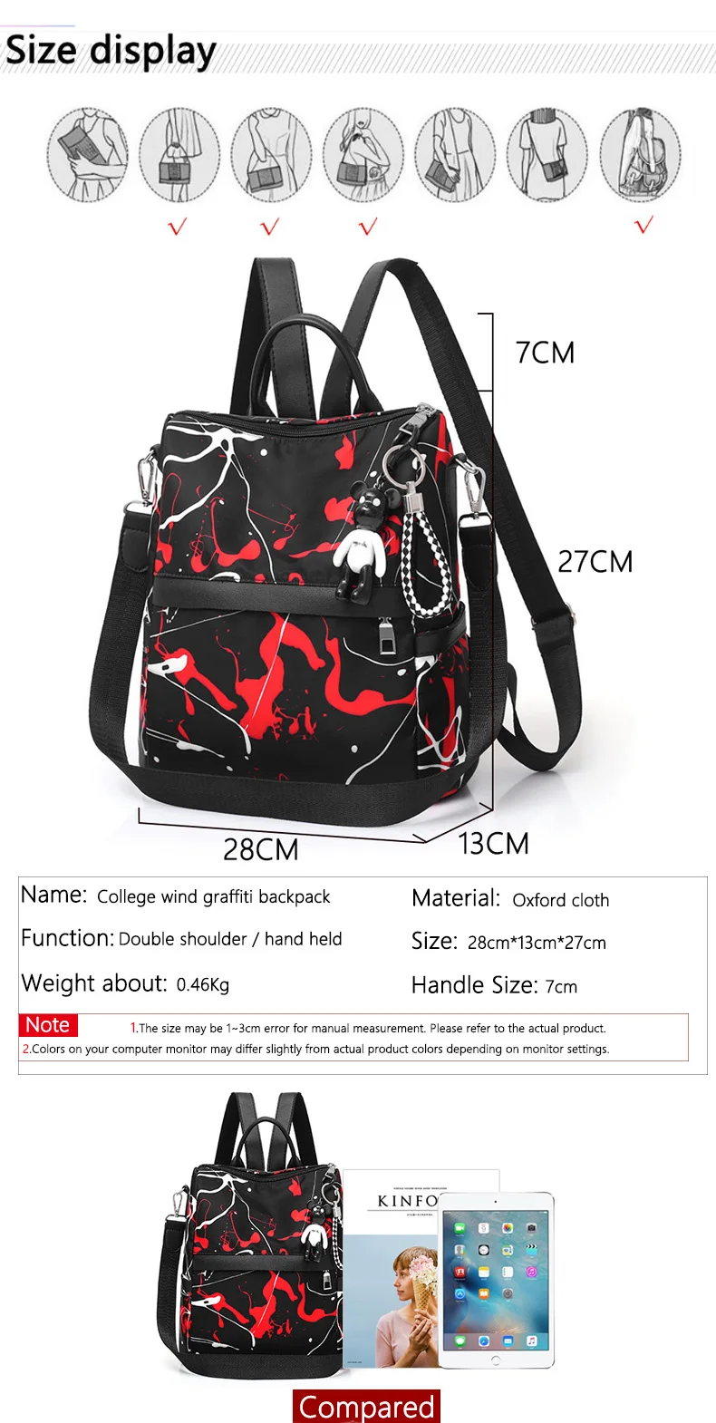 Модный Противоугонный Оксфорд женский рюкзак Новый рюкзаки с граффити для женщин Черный дорожный рюкзак школьные сумки для