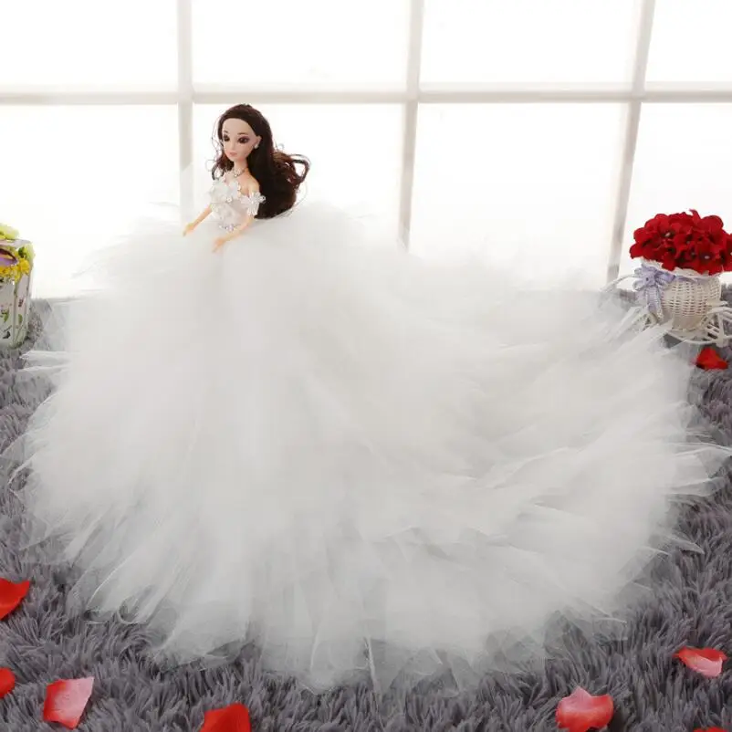 

Barbie Doll Big Trailing Wedding Dress White Skirt Creative Gift Married Furnishing Articles Children Toy