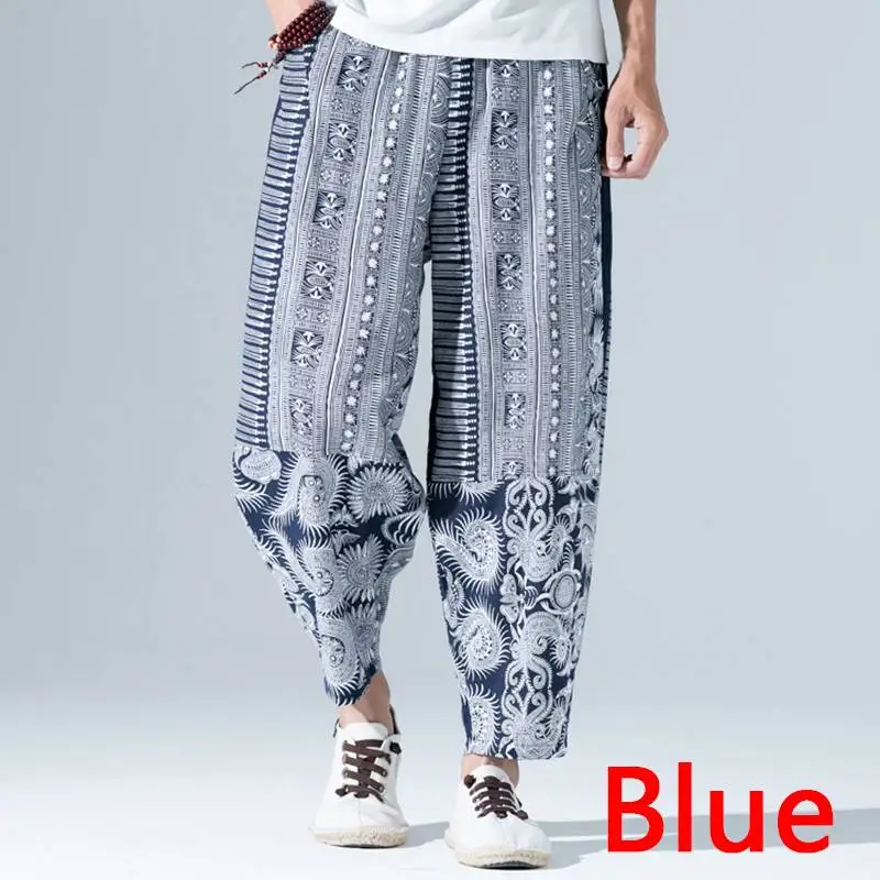 INCERUN Chinese Harem Pants Men Print Cotton Loose Vintage Trousers Men Joggers Hip-hop Streetwear Nepal Casual Pants Men - Цвет: Blue