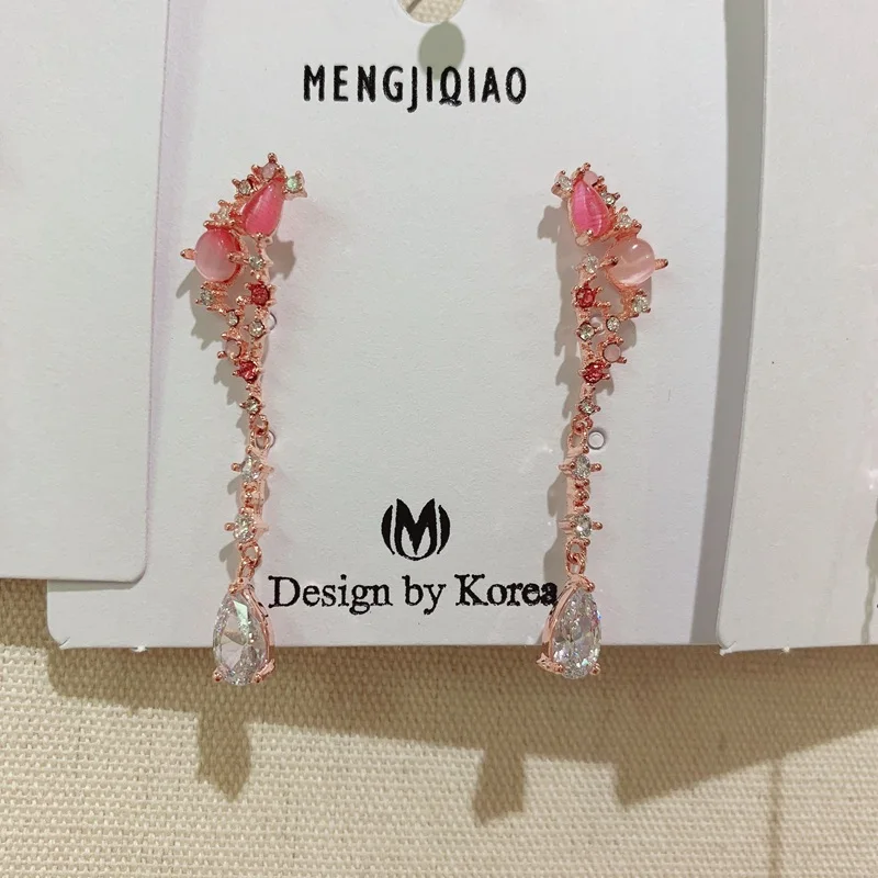 MENGJIQIAO новые элегантные розовые блестящие циркониевые цветочные круглые длинные висячие серьги для женщин Изящные Ювелирные изделия с микро-покрытием - Окраска металла: WX-PINK C