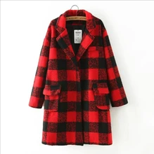 New Autumn Winter in the long artificial wool coat 2016 fashion red plaid coat lapel coat women