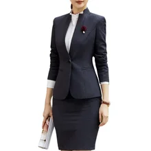 Новая мода черная полоса юбочные костюмы бизнес офис для женщин Тонкий с длинным рукавом пиджак и юбка размера плюс формальная рабочая одежда