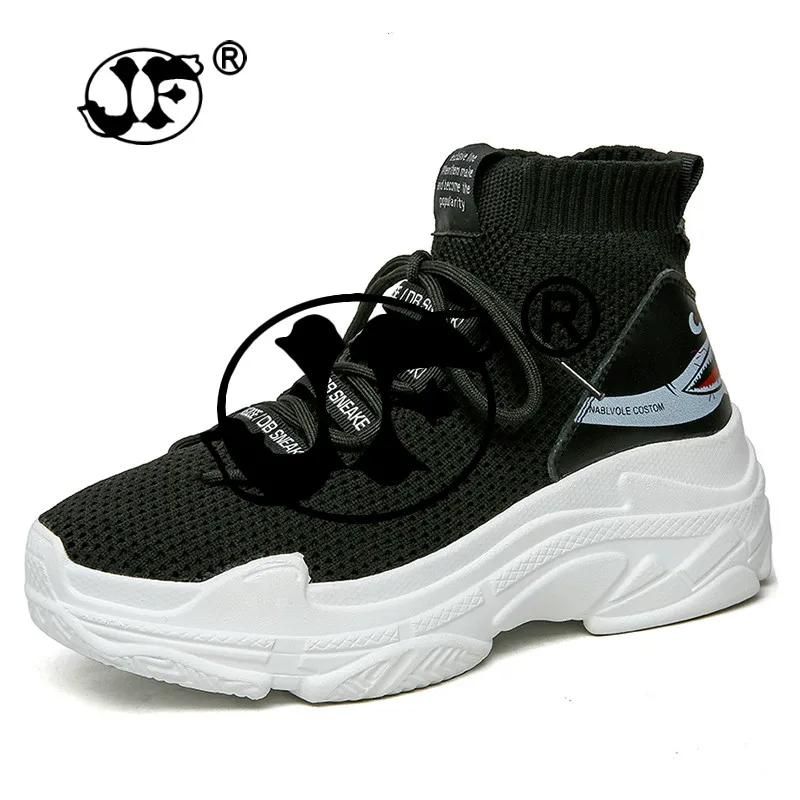 

2018 Shark Logo High Top Sneakers Women Knit Upper Breathable Sock Shoes Thick Sole 5 CM Fashion sapato feminino Black / White 1