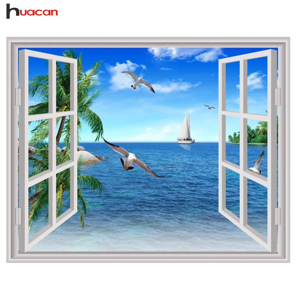 

Huacan Diamond Embroidery Cross Stitch Full Square Kit DIY Diamond Painting Landscape Mosaic Rhinestones Window Home Decoration