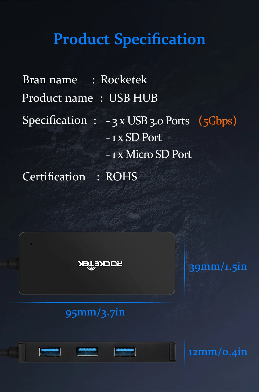 Rocketek алюминиевый сплав usb-хаб с кардридером 3 порта USB 3,0 type c разветвитель Micro USB порт питания для ноутбука iMac