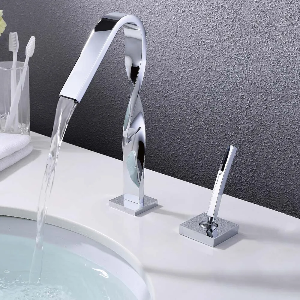 

Chrome Plated Brass Widespread Basin Faucet Deck Mounted 2-PCS Cold And Hot Water Mixer Waterfall Square Artistic Faucet