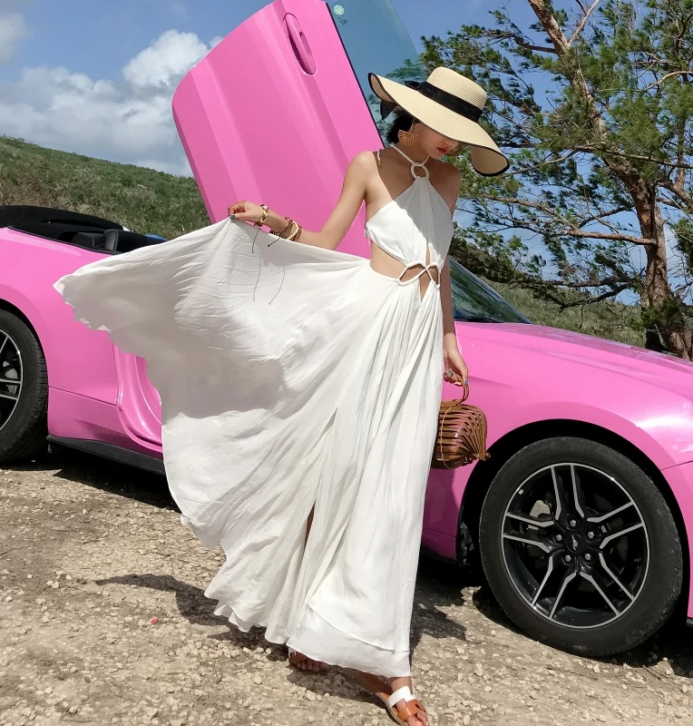 

YOSIMI 2019 Summer Women Beach Dress Maxi Long Holiday White Dresses V-neck Sleeveless Backless Sexy Lady Strap Bandage Dress