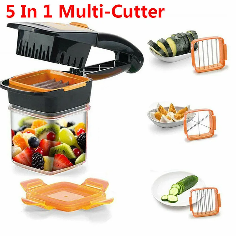 

5 in 1 Multifunctional Vegetable Cutter with Steel Blade Stainless Food Fruit Slicer Chopper with Container Kitchen Accessories