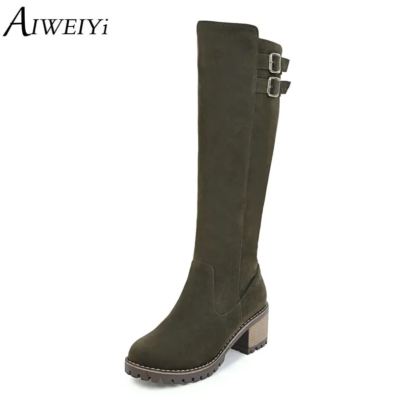 

AIWEIYi Knee High Boots for Women Flock Martin Boots Round toe Square Heel High Heels Platform Motorcycle Boots