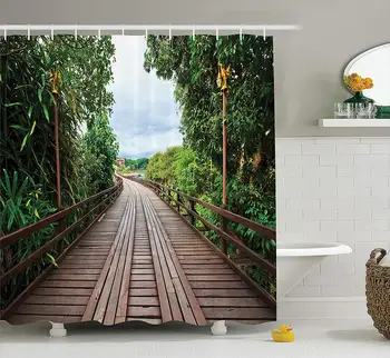 

Apartment Shower Curtain Set Wooden Bridge Between Exotic Trees Exotic Jungle Freshening Relax Road Nature Image Doormat