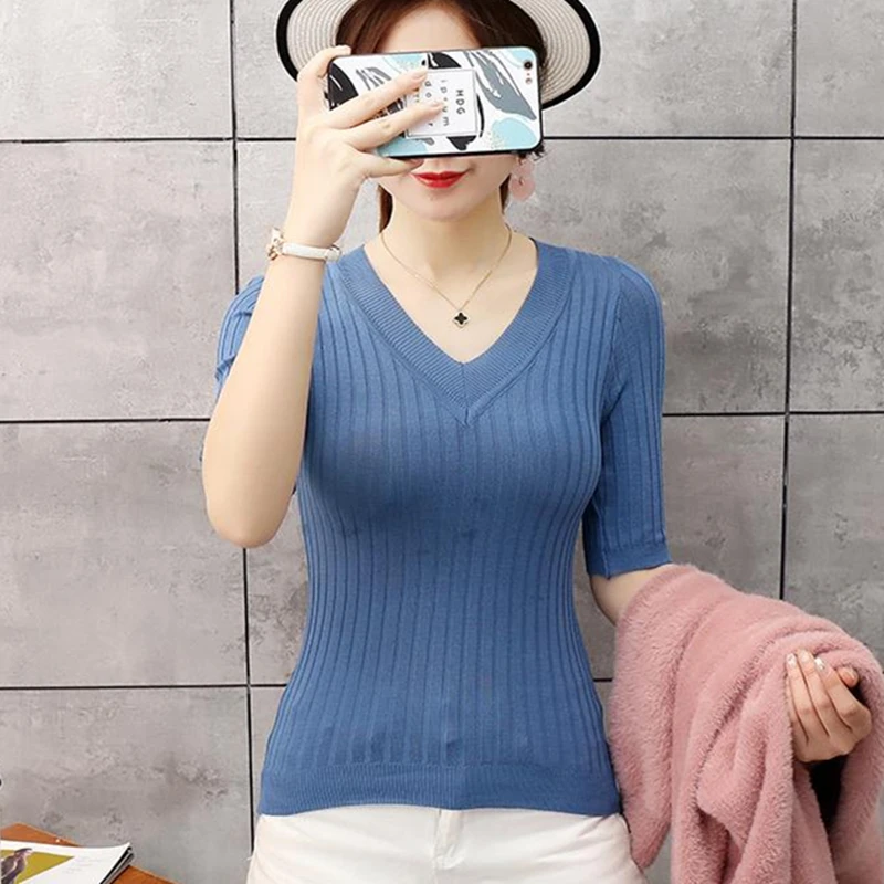 

Korean Casual Knitted Sweater Women Autumn Pullovers Short Sleeve Thin Knit Women Sweater Crop Sweater