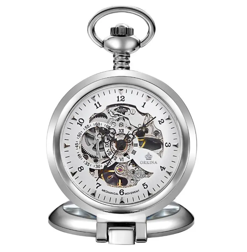 Серебристые, золотые, черные механические карманные часы со скелетом из нержавеющей стали, часы с большим дисплеем, роскошные часы с цепочкой - Цвет: Серебристый