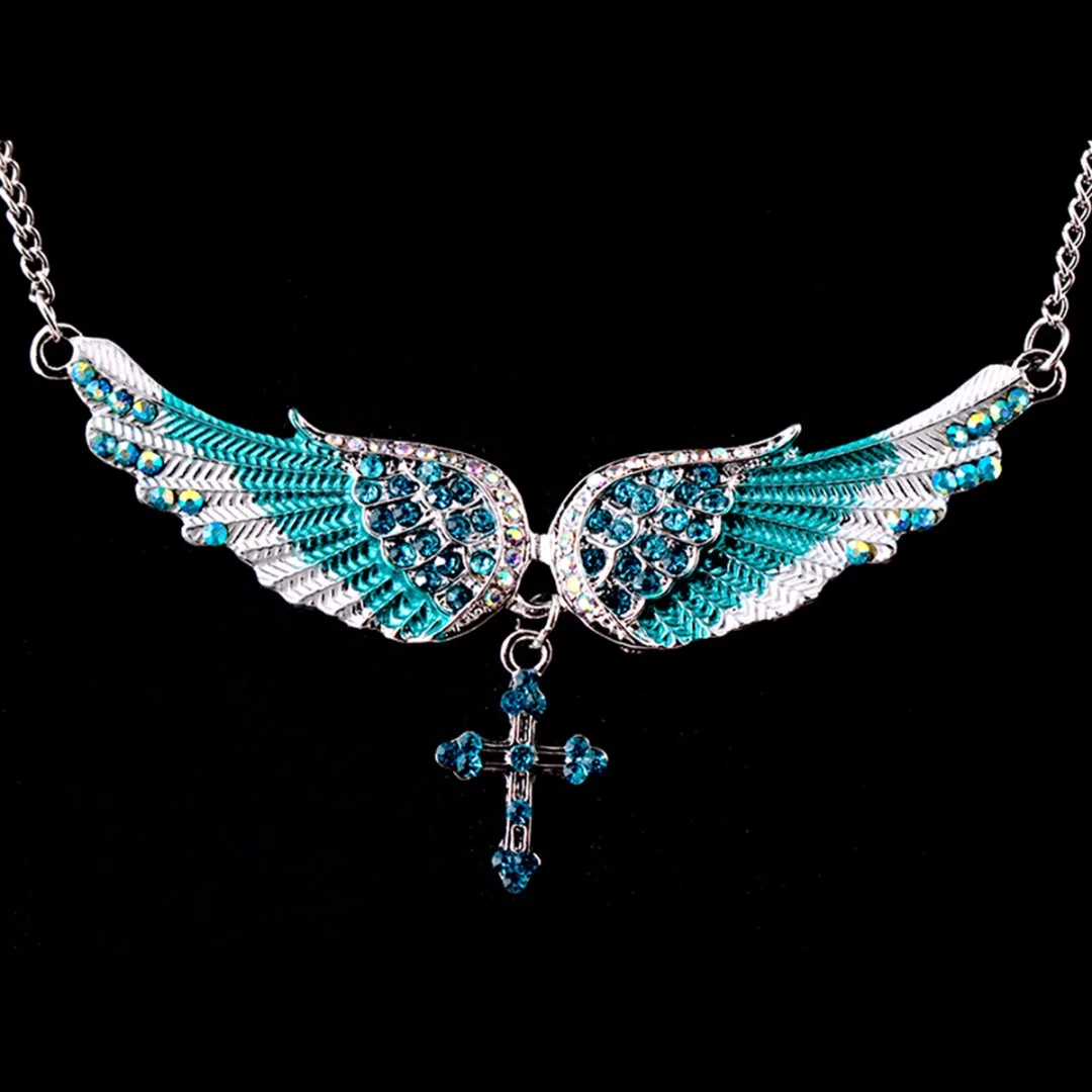 Chic Chain Necklaces Sexy Ladies Crystal Angel Wings Cross Necklaces & Pendants Fashion Jewelry For Women Shellhard