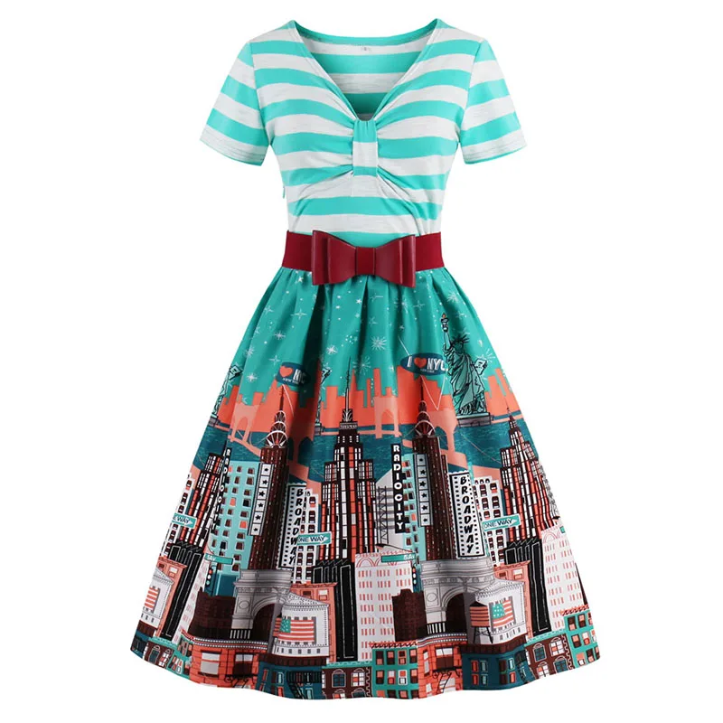 Kostlish 2017 Summer Vintage Dress Women Printed Ball Gown 1950s Retro Dress With Belt V-Neck Casual Ladies Dresses Plus Size (12)