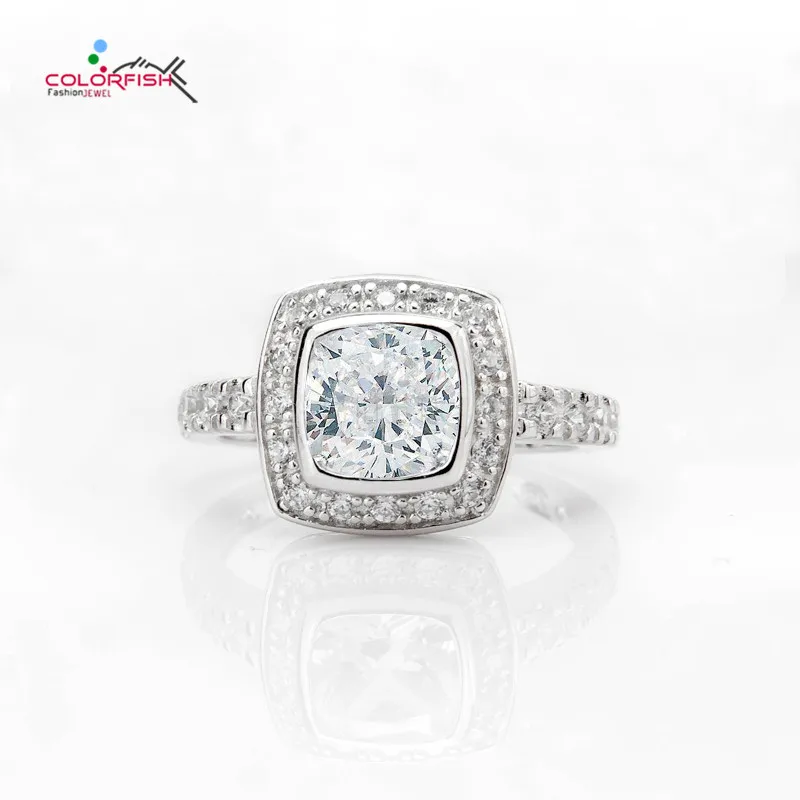 

COLORFISH 925 Sterling Silver Cushion Cut 1.5 ct Halo Engagement Ring Luxury Women Bezel Set Wedding Jewelry Female Finger Ring