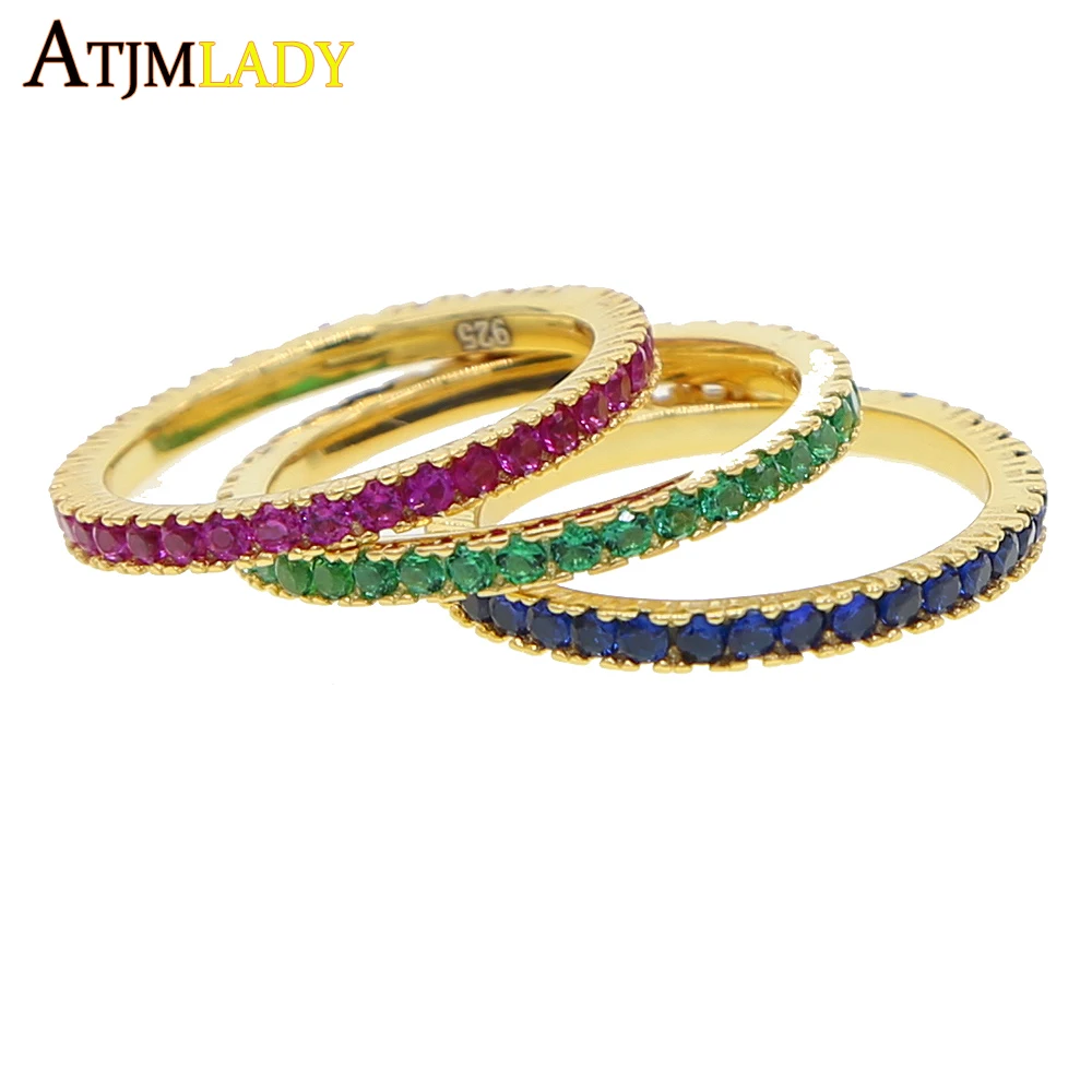 

2019 gold color 925sterling silver eternity band delicate green cz cute girl women full cz stack engagement wedding minimal ring