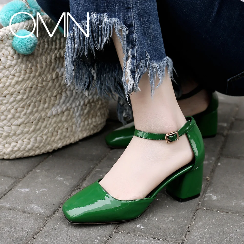 

QMN women genuine leather pumps Women Patent Leather Square Toe Ankle Strap Shoes Woman Block Heels Pumps