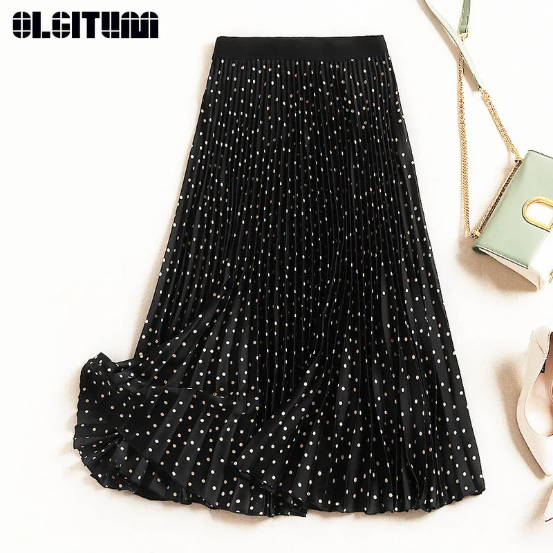 

New 2019 Female Wave Point Pleated A-Line Skirt Retro Casual Mid-Calf Temperament Sweet Wild Joker Skirt SK354