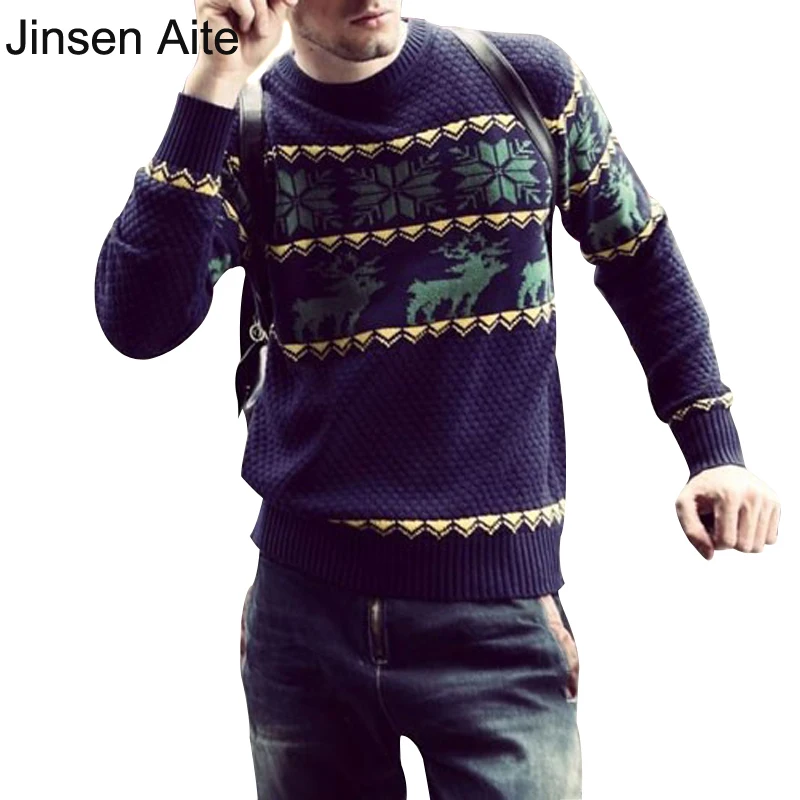 

Jinsen Aite New Mens Sweaters Christmas Men Snowflake Deer Floral Fashion Causal O-Neck Slim Pullover Blusas Masculinas JS547