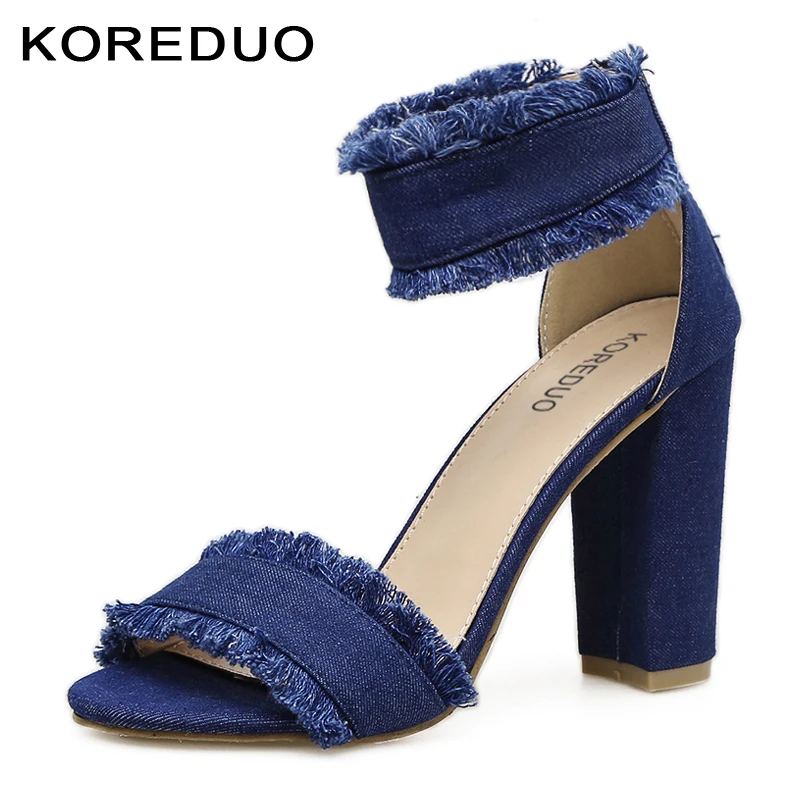 

KOREDUO Top Quality Denim High Heels Women Sandals New Fashion Big Size Square Heels Women Shoes Zapatos Mujer Zipper Tacones mw